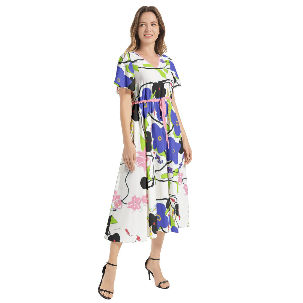 Floral Flutter Sleeve Drawstring Waist Flared Dress