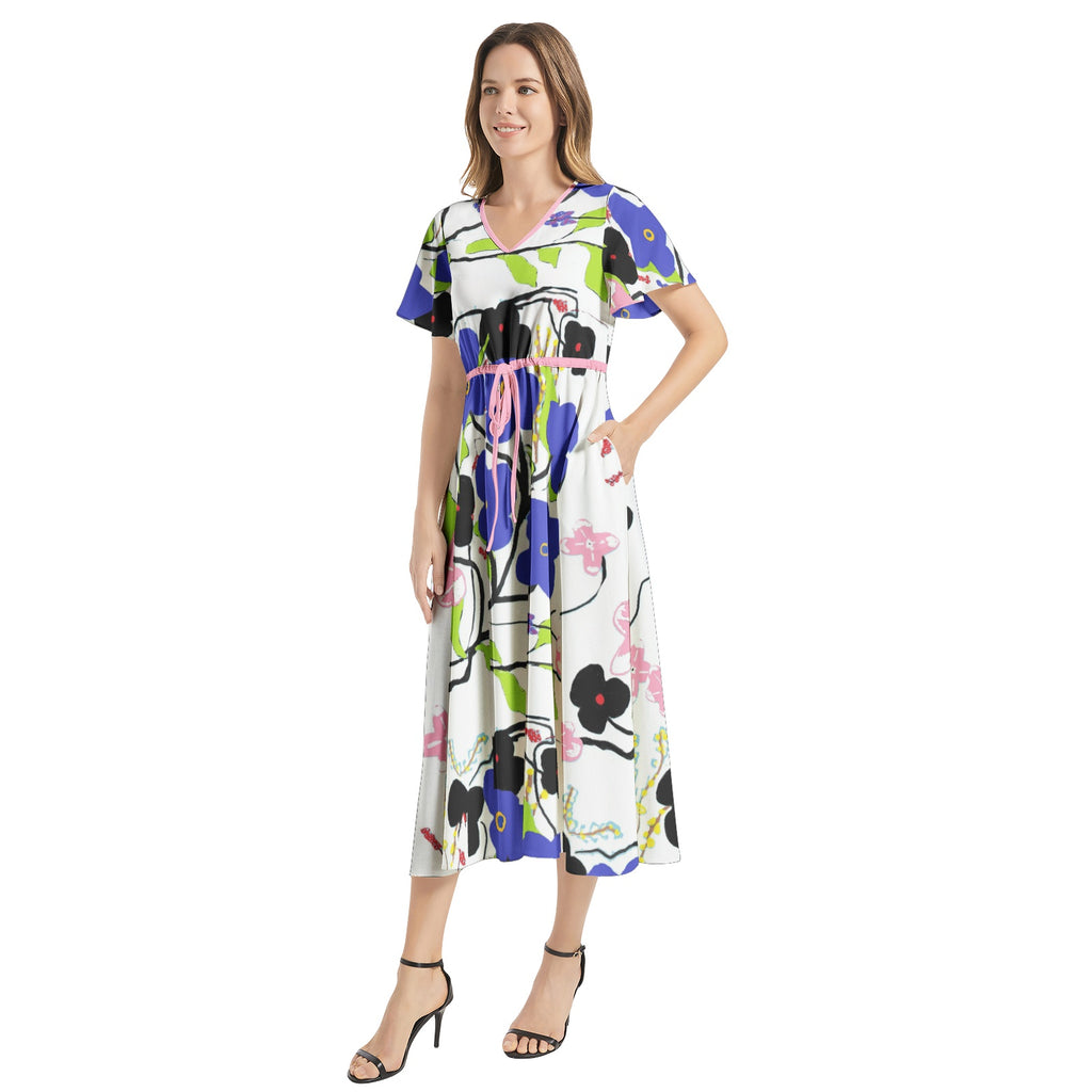 Floral Flutter Sleeve Drawstring Waist Flared Dress