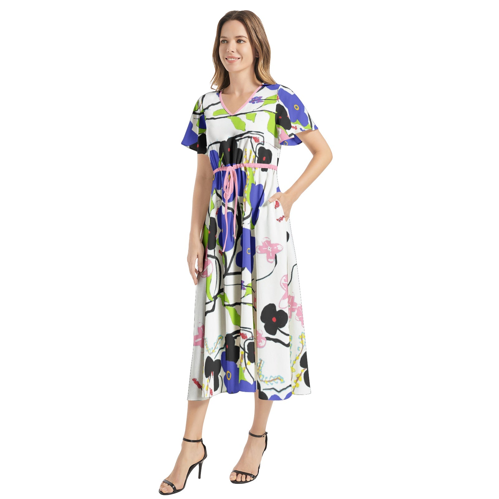 Floral Flutter Sleeve Drawstring Waist Flared Dress