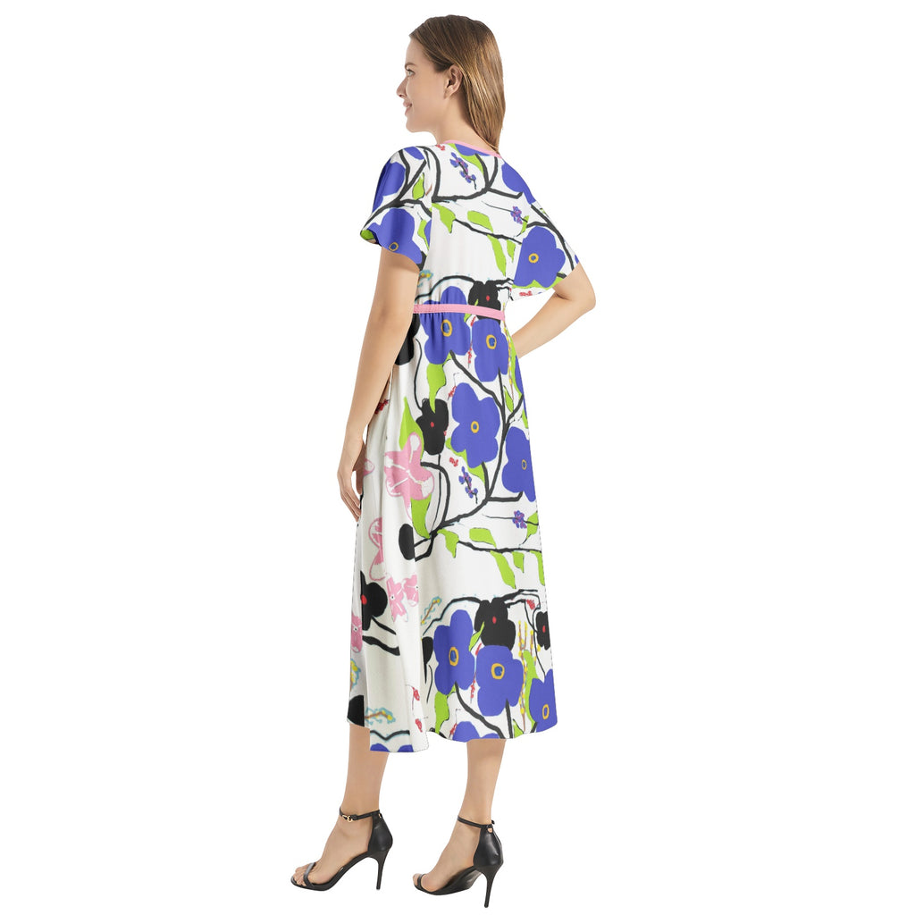 Floral Flutter Sleeve Drawstring Waist Flared Dress