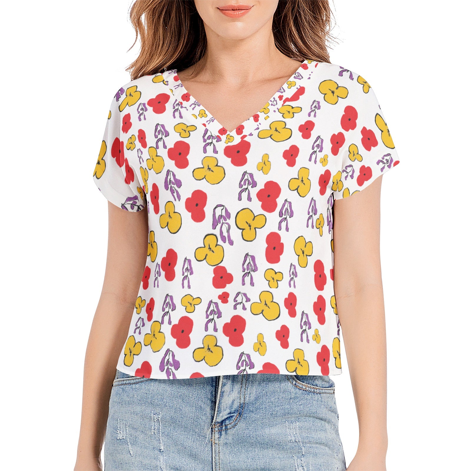 floral Batwing Sleeve V-Neck Top