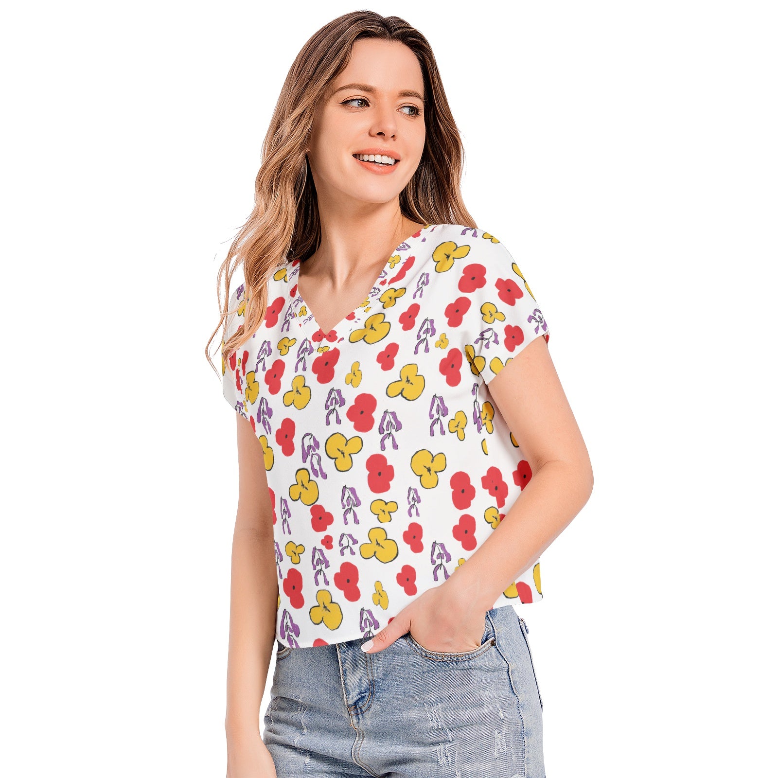 floral Batwing Sleeve V-Neck Top