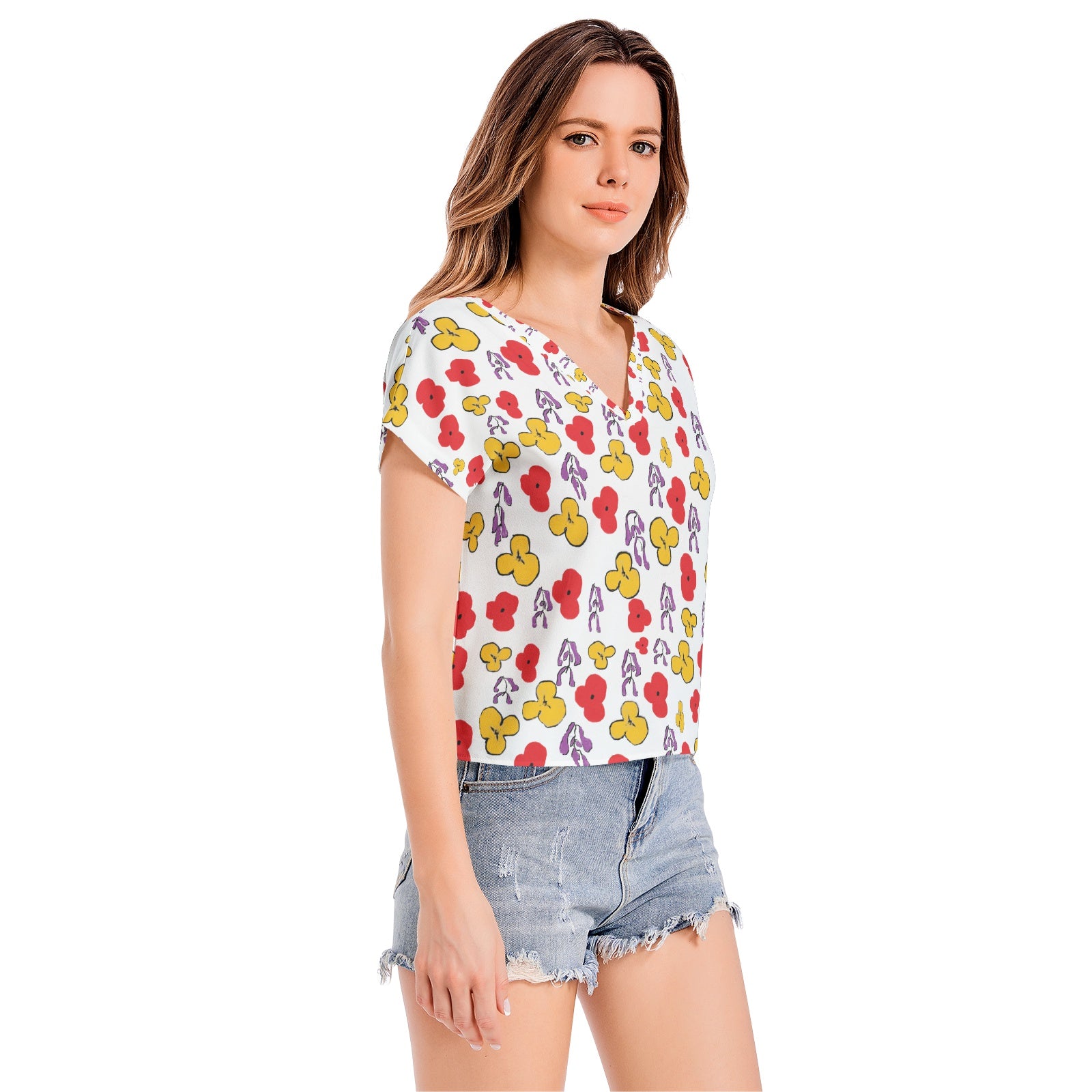 floral Batwing Sleeve V-Neck Top