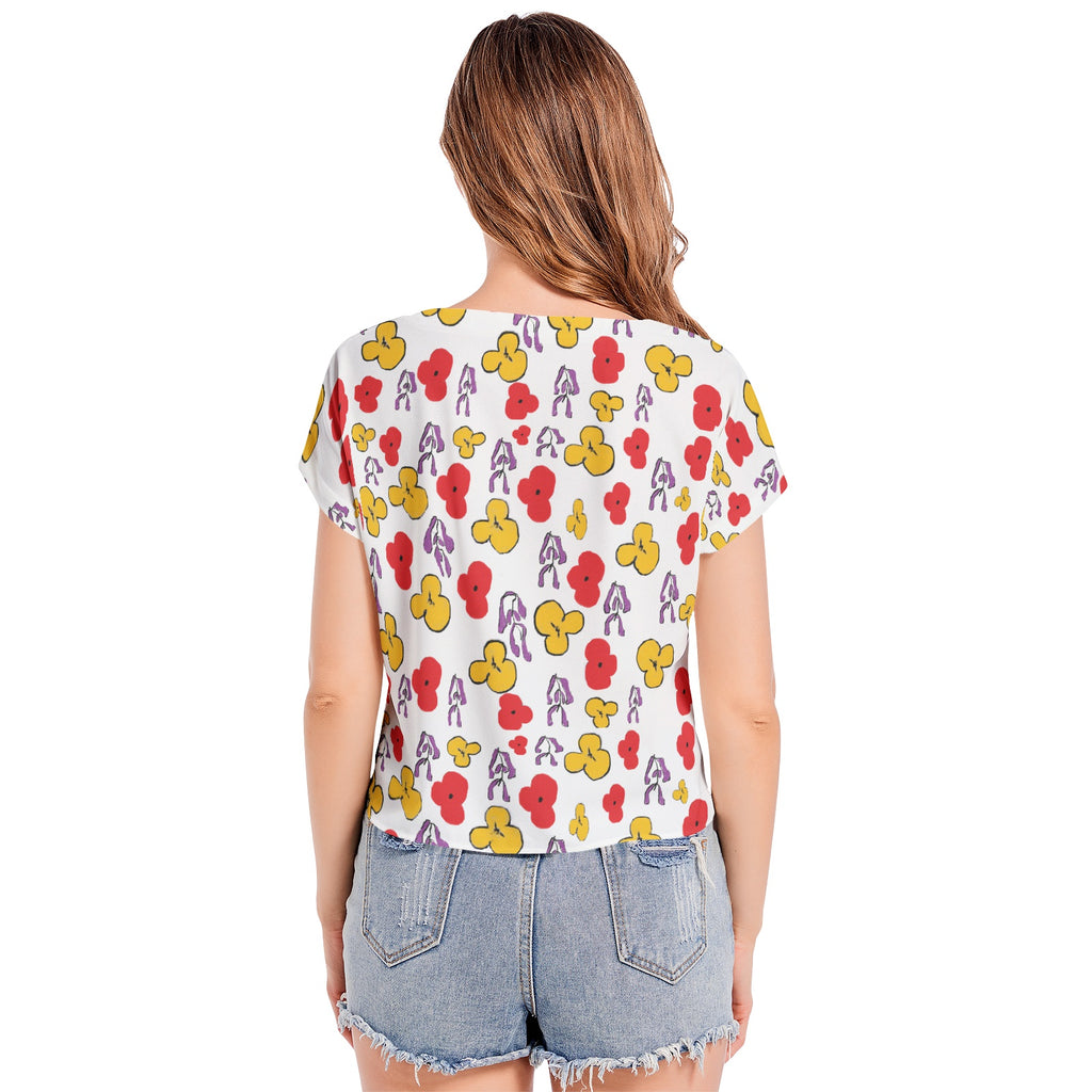 floral Batwing Sleeve V-Neck Top