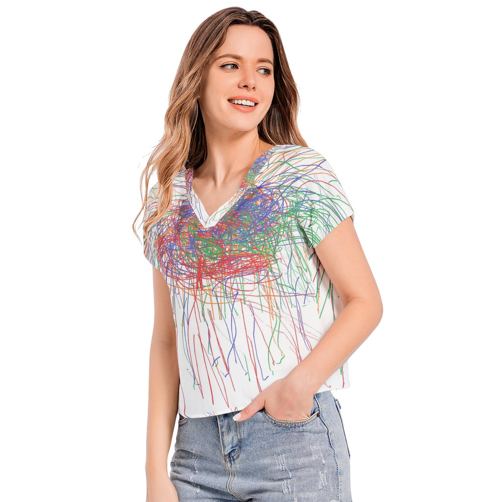 print multicolo rBatwing Sleeve V-Neck Top