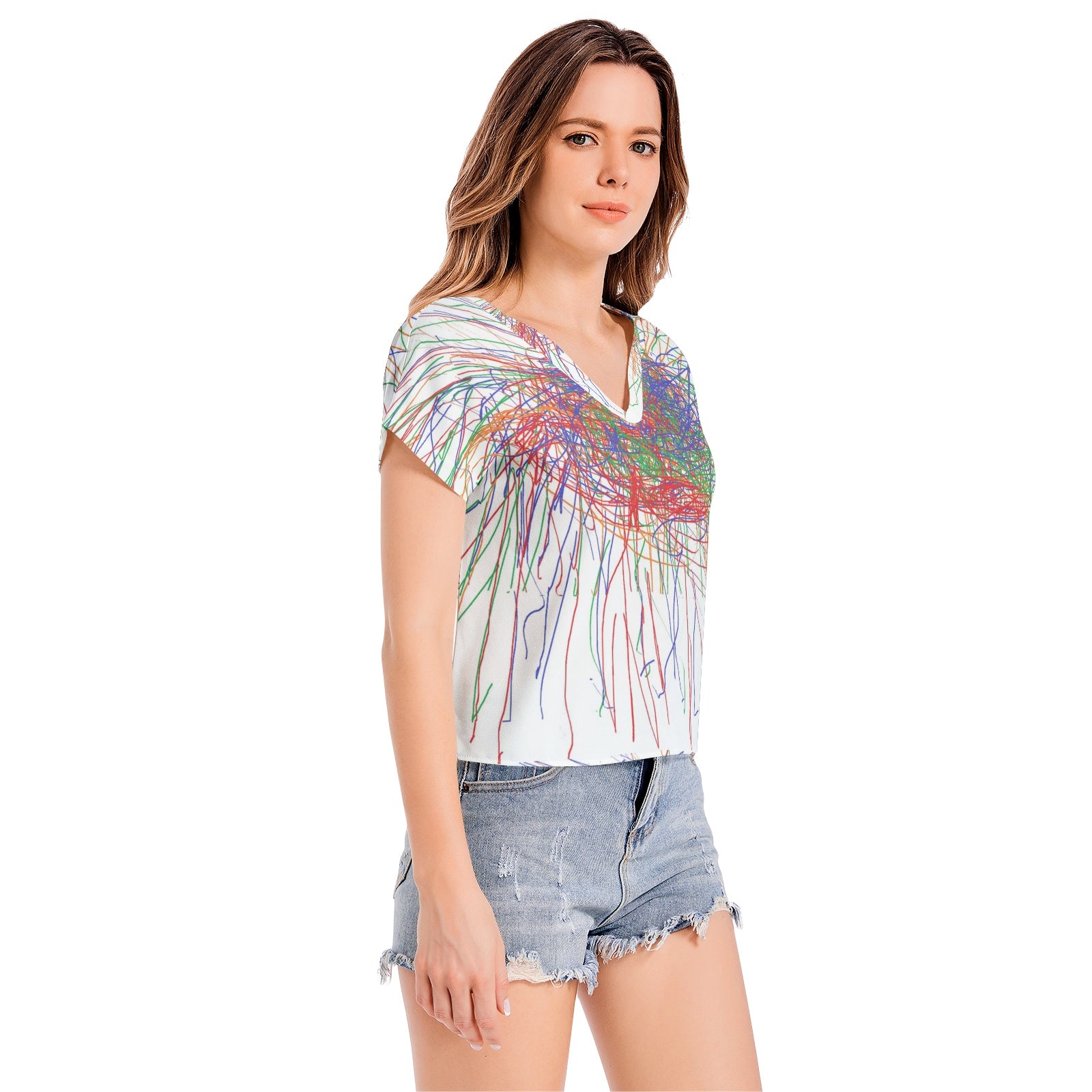 print multicolo rBatwing Sleeve V-Neck Top
