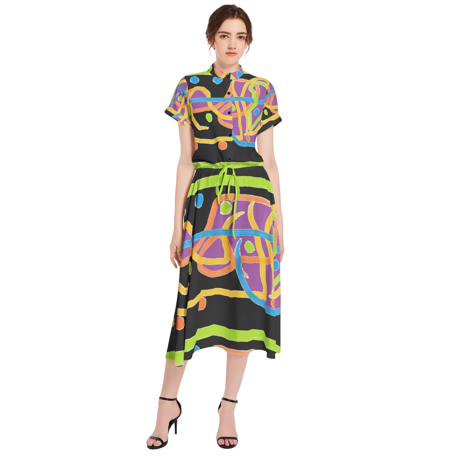 colorful lines Drawstring Waist A-line Flared Midi Dress