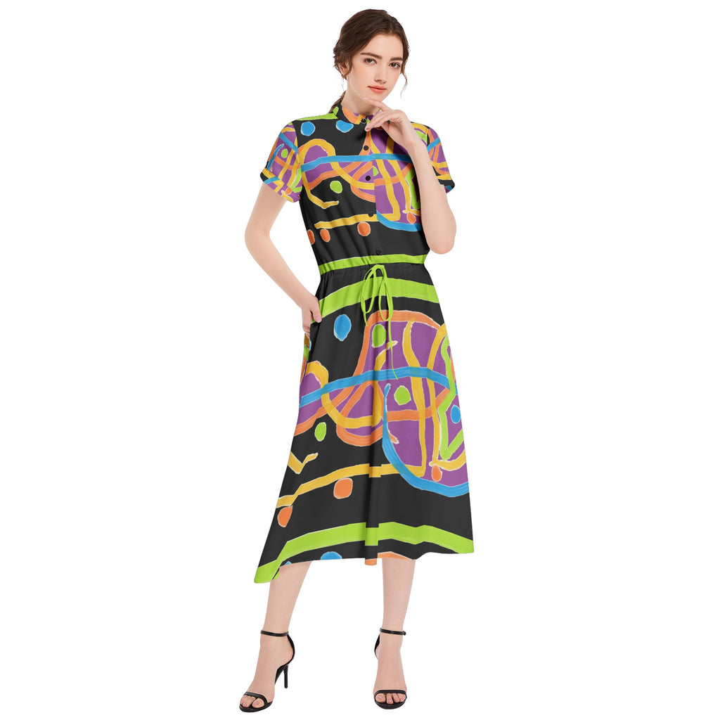 colorful lines Drawstring Waist A-line Flared Midi Dress