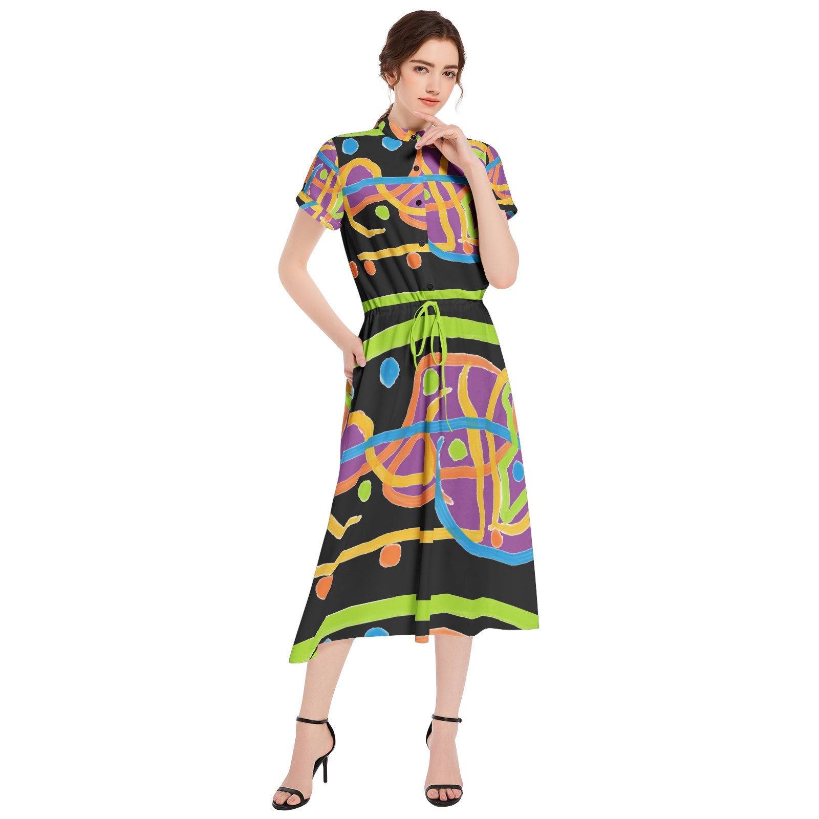 colorful lines Drawstring Waist A-line Flared Midi Dress