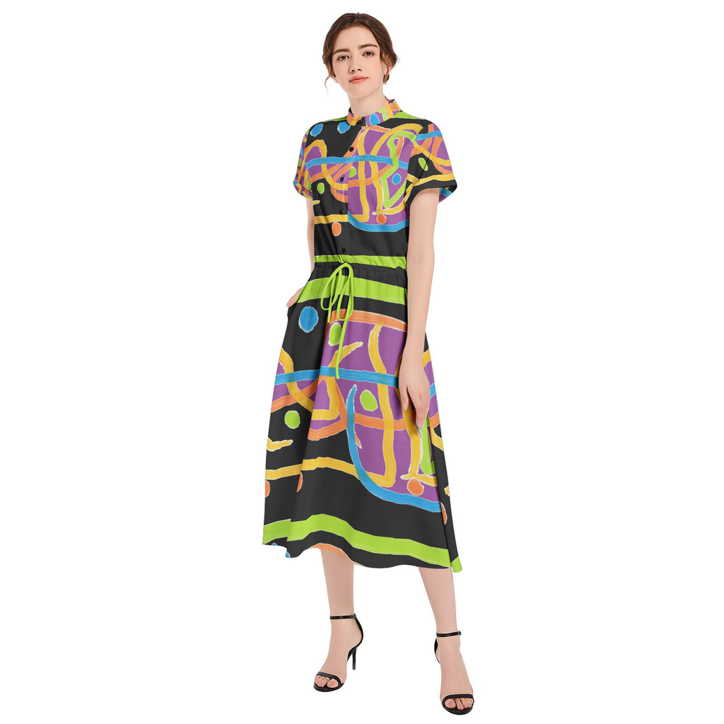 colorful lines Drawstring Waist A-line Flared Midi Dress