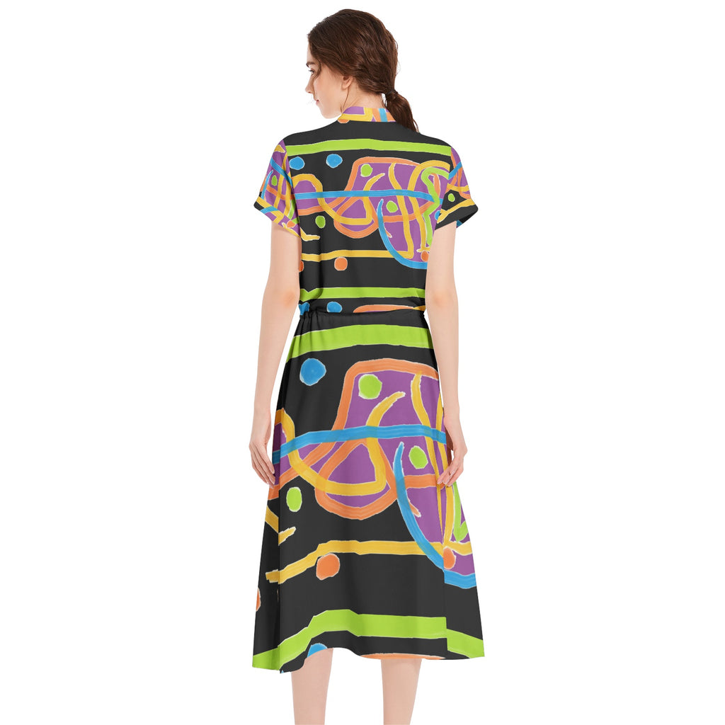 colorful lines Drawstring Waist A-line Flared Midi Dress