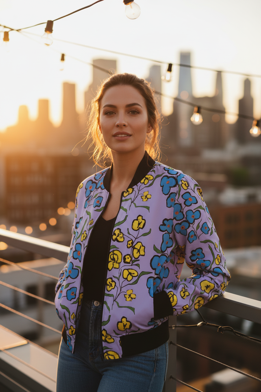 Floral Bomber Jacket Rooftop Mockup