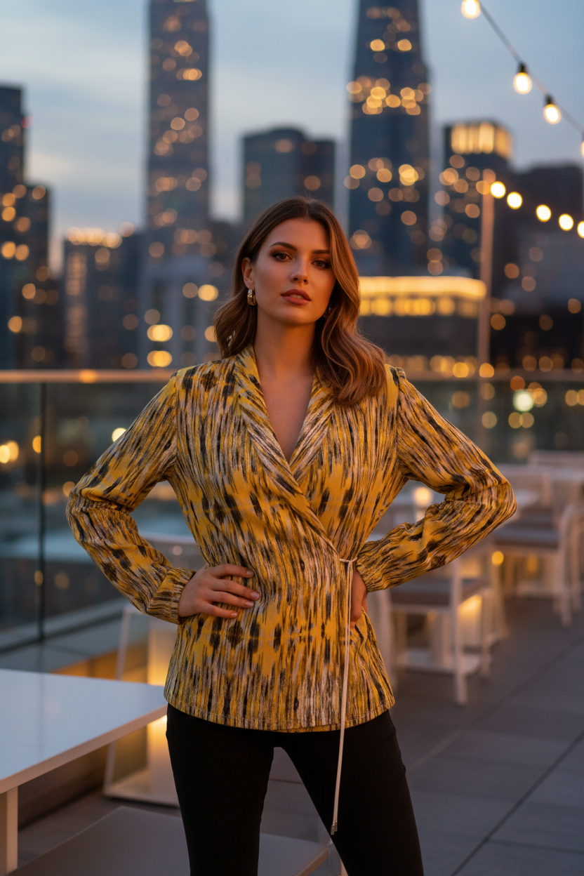 Black Gold Wrap Blazer lifestyle editorial shot