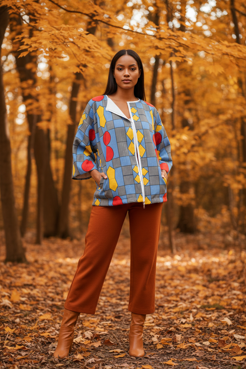 Model wearing abstract geo kimono jacket with camel wide-leg trousers and tan boots in autumn setting