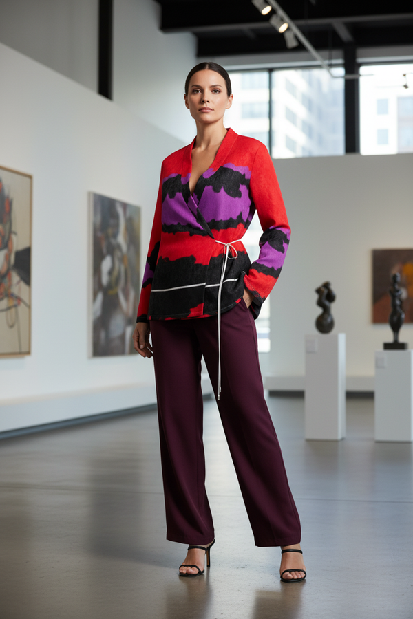 Model wearing abstract brushstroke wrap blazer with deep plum wide-leg trousers and black heeled sandals in art gallery setting