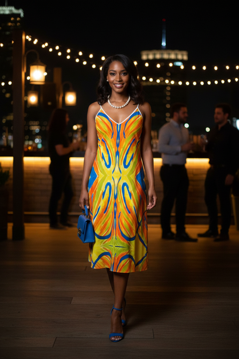 Sleeveless Midi Dress Front - Blue Accessories & Pearl Necklace